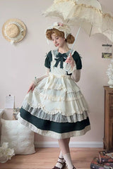 Green [Mist over Flowers Along the Path] Lapel Collar Long Sleeves Embroidery Bowknot Lace Sweet Lolita Dress - Product - 5