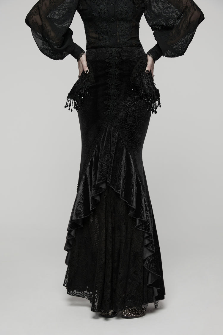 Black Printed Cut-Out Embroidered Lace Slim Irregular Women's Gothic Gorgeous Palace Cosplay Fishtail Skirt - Product - 4