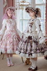 Brown [Antique Teddy Bear] Sleeveless Printed Bow Lace Sweet Elegant Lolita Jsk Dress - Product - 7