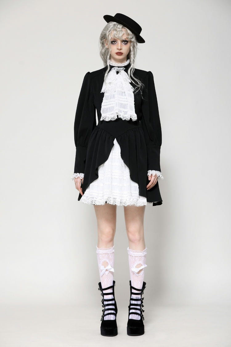 ブラック／ホワイト プリーツ レース スタンドカラー Jabot ロング パフスリーブ レディース ゴシック ワンピース 商品画像