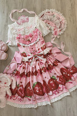 [Sweet Berry Tale] Strawberry Print Ruffle Bowknot Lace Sweet Lolita Jsk Dress 4 Colors - Product - 6