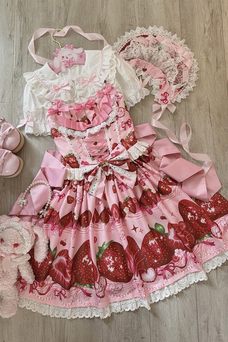 [Sweet Berry Tale] Strawberry Print Ruffle Bowknot Lace Sweet Lolita Jsk Dress 4 Colors - Product - 6