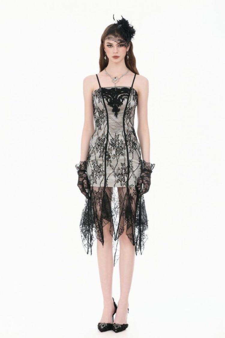 Black/White Lace Floral Embroidered Lace-Up Asymmetric Hem Women's Gothic Slip Dress - Product - 7