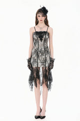 Black/White Lace Floral Embroidered Lace-Up Asymmetric Hem Women's Gothic Slip Dress - Product - 7