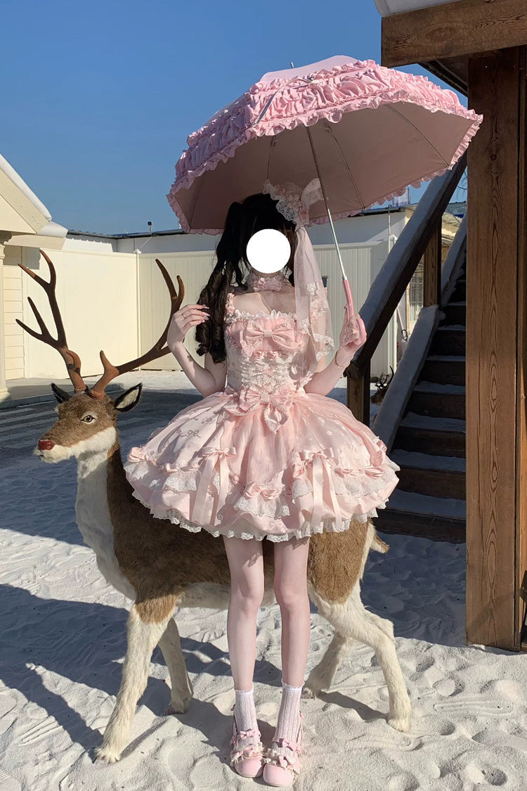 Pink [Sakura Bunny Ballad] Square Collar Flutter Sleeves Jacquard Ruffled Bow Lace Sweet Elegant Luxurious Short Lolita Jsk Dress - Product - 12