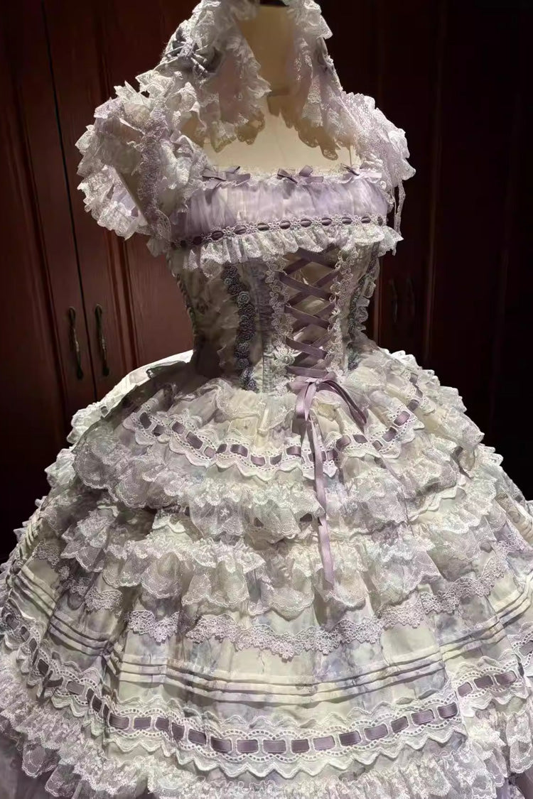Purple [Wisteria] Sleeveless Multi-Layered Hanayome Bow Lace Lace-Up Sweet Gorgeous Lolita Jsk Dress Set - Product - 4