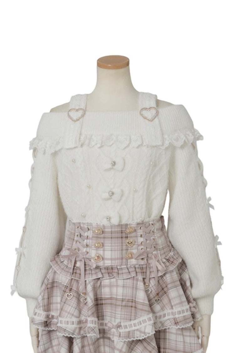[Fluffy Heart] Boat Neck Long Sleeves Bow Jirai Kei Elegant Knitwear - White - 1