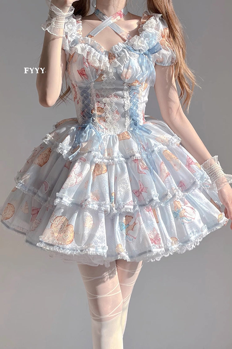 Blue Short Sleeves Multi-layer Cookie Bunny Print Bowknot Sweet Lolita Dress - Blue - 1