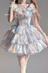 Blue Short Sleeves Multi-layer Cookie Bunny Print Bowknot Sweet Lolita Dress - Blue - 1