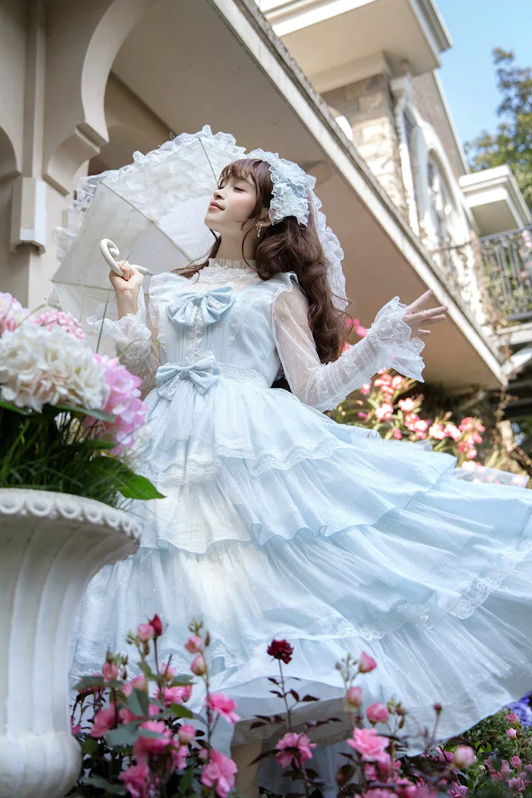 Blue [Aegean] Square Collar Flutter Sleeves Multi-Layered Ruffled Bow Sweet Lolita Jsk Dress Set - Product - 7