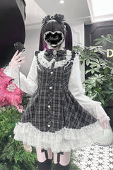 Black [Lunar Eclipse Doll] Long Sleeves Plaid Printed Ruffled Bow Lace Sweet Jirai Kei Japanese Dress Shorts Set - Product - 4