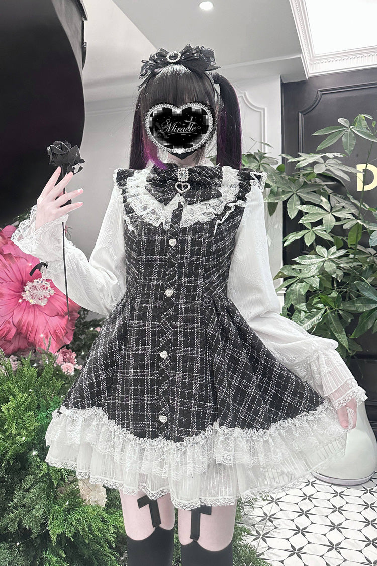 Black [Lunar Eclipse Doll] Long Sleeves Plaid Printed Ruffled Bow Lace Sweet Jirai Kei Japanese Dress Shorts Set - Product - 4