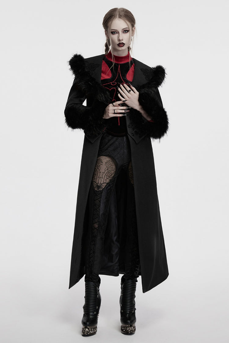 Black Long Sleeves Faux Fur Stitching Lace-Up Detachable Women's Gothic Coat - Black - 1