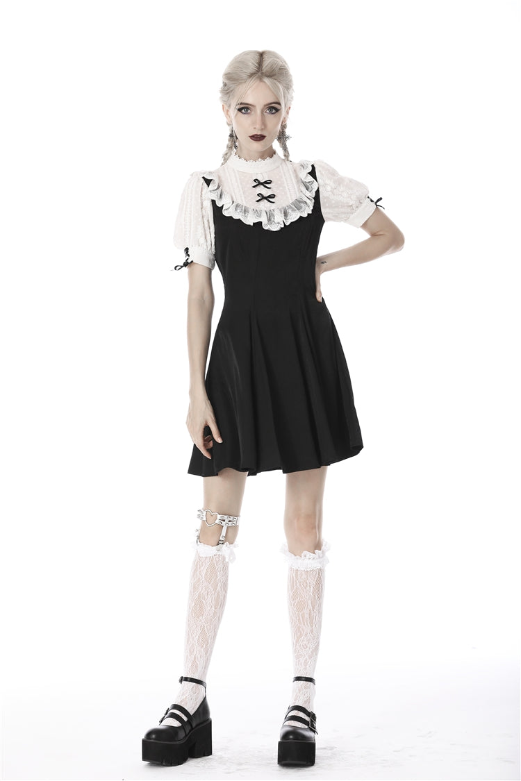 Black/White Stand Collar Short Sleeves Ruffled Women's Sweet Gothic Lolita Doll Midi Dress - Product - 8
