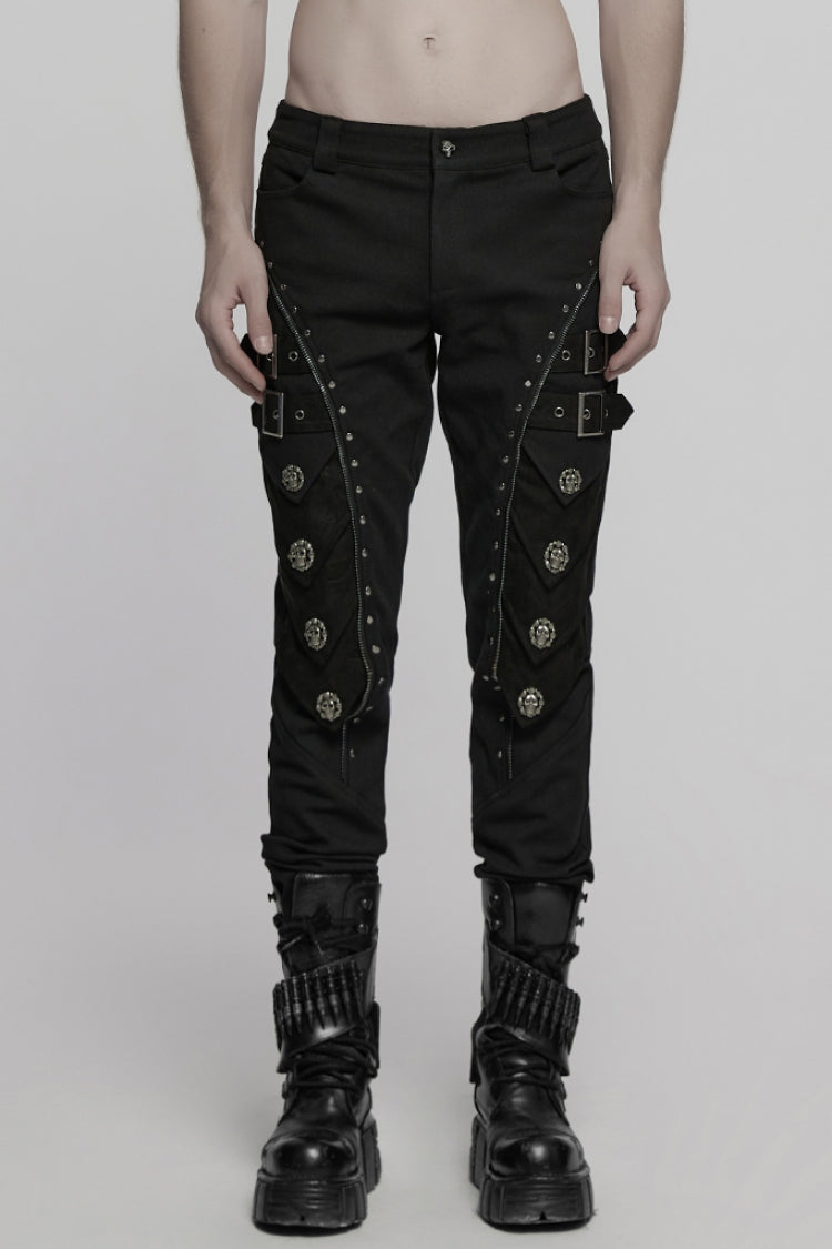 Black Buckle Skull Men's Punk Pants - Black - 1