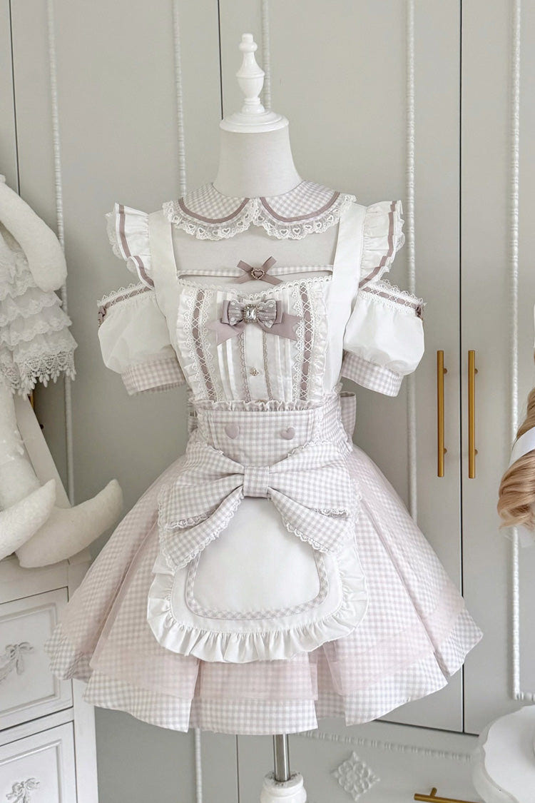 Jirai Kei Square Collar Off Shoulder Short Sleeves Printed Bow Sweet Maid Skirt Set 2 Colors - Pink/White(Set) - 1