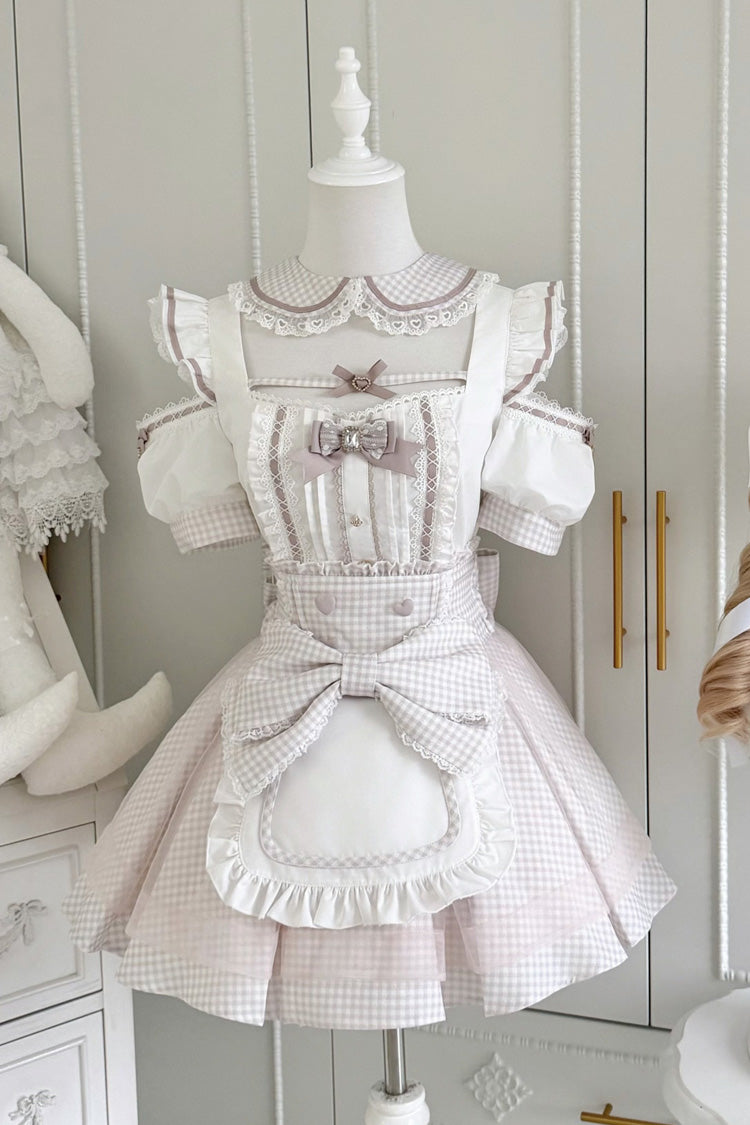 Jirai Kei Square Collar Off Shoulder Short Sleeves Printed Bow Sweet Maid Skirt Set 2 Colors - Pink/White(Set) - 1