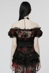 Off Shoulder Ruffle Stitching Lace Sheer Womens Gothic T-Shirt 2 Colors - Product - 7