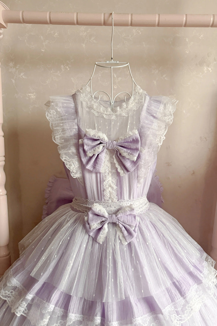Purple [Aegean] Square Collar Flutter Sleeves Multi-Layered Ruffled Bow Sweet Lolita Jsk Dress Set - Product - 2