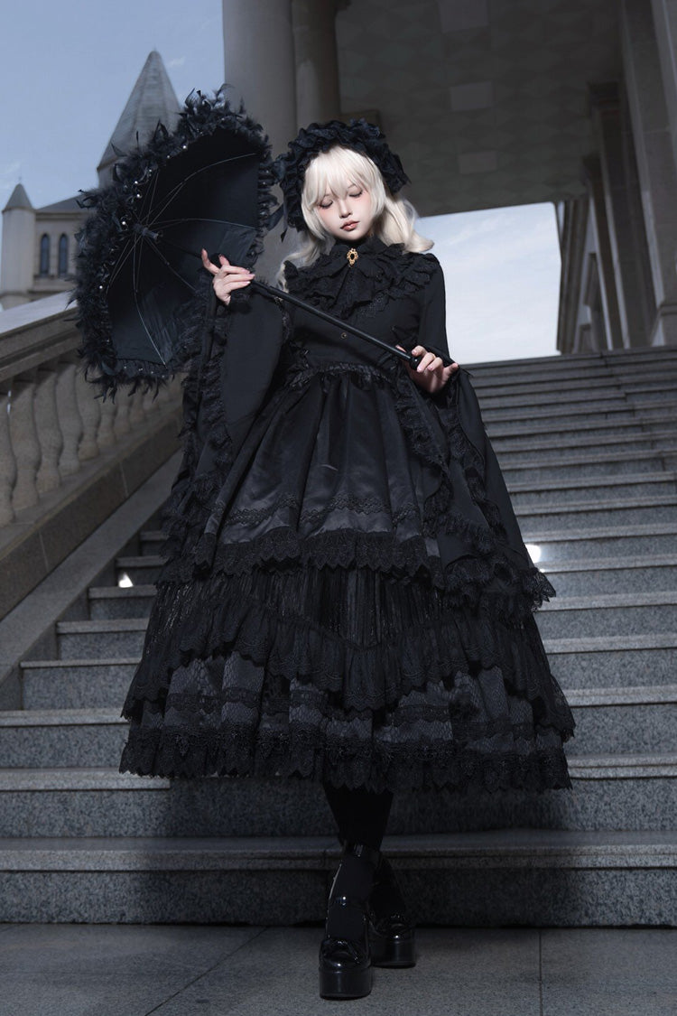 Black [Immortality Taboo] Multi-Layered Ruffled Open-Front Lace Elegant Gorgeous Gothic Lolita Skirt - Product - 6