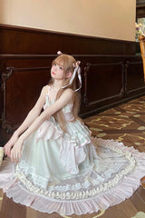 Pink/Green Summer Garden Ruffle Embroidery Bowknot Lace Sweet Lolita Jsk Long Dress - Product - 6