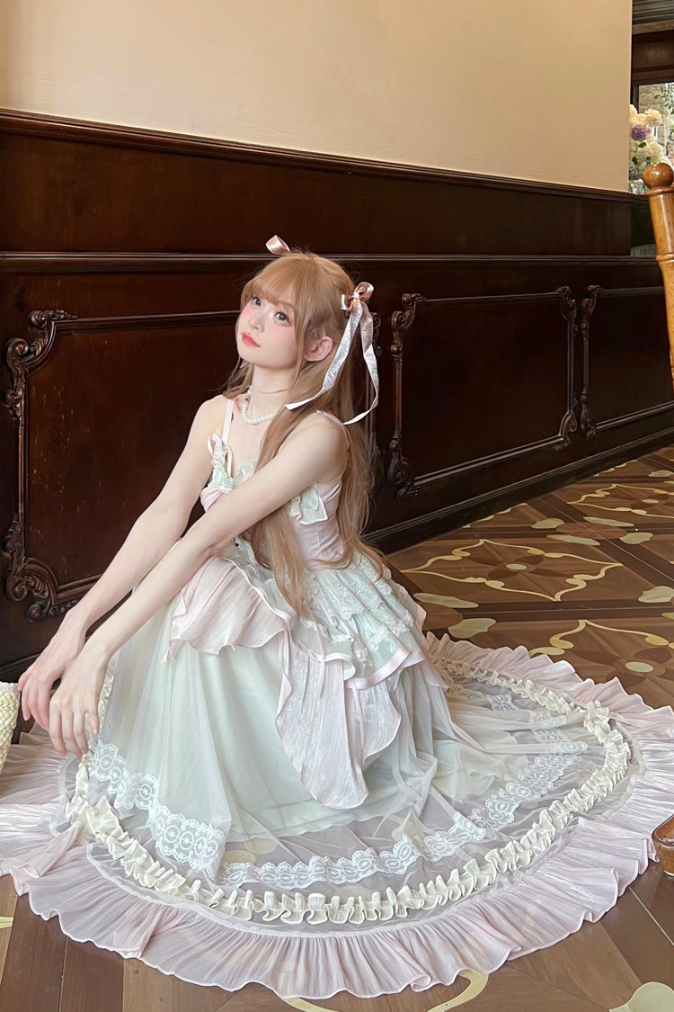 Pink/Green Summer Garden Ruffle Embroidery Bowknot Lace Sweet Lolita Jsk Long Dress - Product - 6