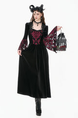 Black/Red Square Collar Long Flare Puff Sleeves Lace Women's Gothic Victorian Velvet Long Dress - Product - 9