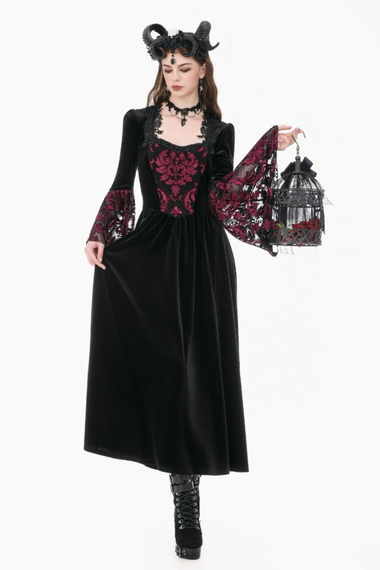Black/Red Square Collar Long Flare Puff Sleeves Lace Women's Gothic Victorian Velvet Long Dress - Product - 9