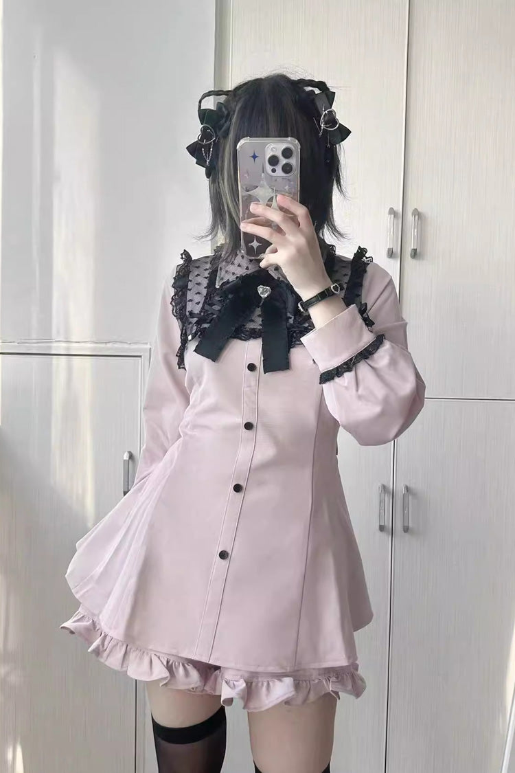 Heart Shape Print Bowknot Lace Sweet Jirai Kei Dress 2 Colors - Grey/Pink - 1