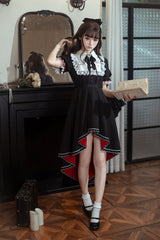Black/White [Rosalind] Lapel Collar Short Sleeves Bow Lace Gothic Maid Lolita Dress - Product - 2