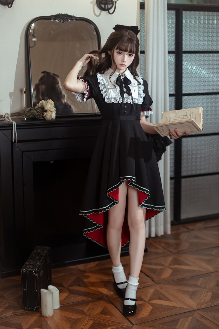 Black/White [Rosalind] Lapel Collar Short Sleeves Bow Lace Gothic Maid Lolita Dress - Product - 2