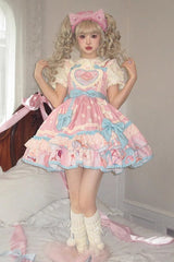 Pink Multi-layer Frosted Sugar Sweetheart Print Bowknot Sweet Lolita Jsk Dress - Pink - 1