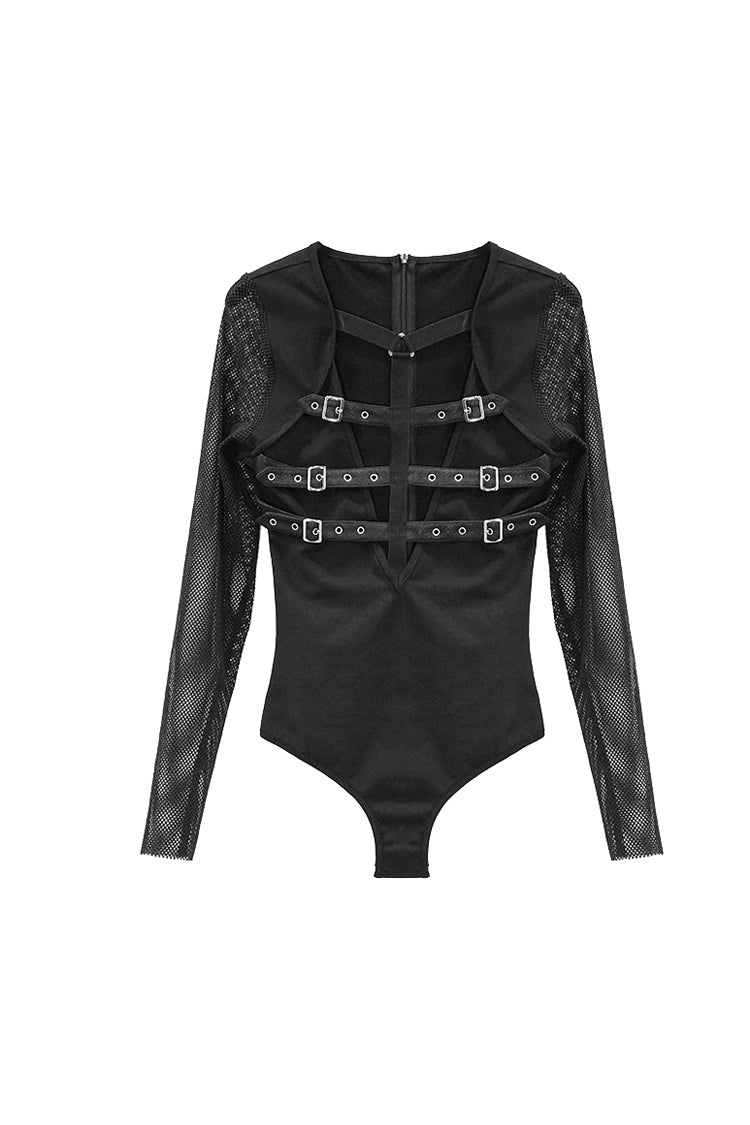 Black Chest Adjustable Leather Loops Splice Mesh Sleeve Connecting Crotch Women's Punk T-Shirt - Product - 6