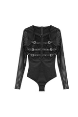 Black Chest Adjustable Leather Loops Splice Mesh Sleeve Connecting Crotch Women's Punk T-Shirt - Product - 6