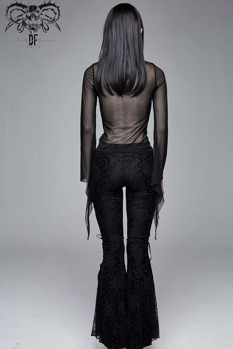Black Mesh Horn Sleeve Snake Flocking Printed Women's Gothic Shirt - Product - 7