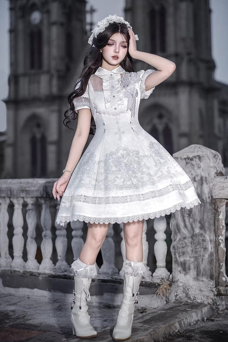 White Lapel Collar Short Sleeves Printed Ruffled Lace Classic Gothic Elegant Lolita Dress - Product - 5
