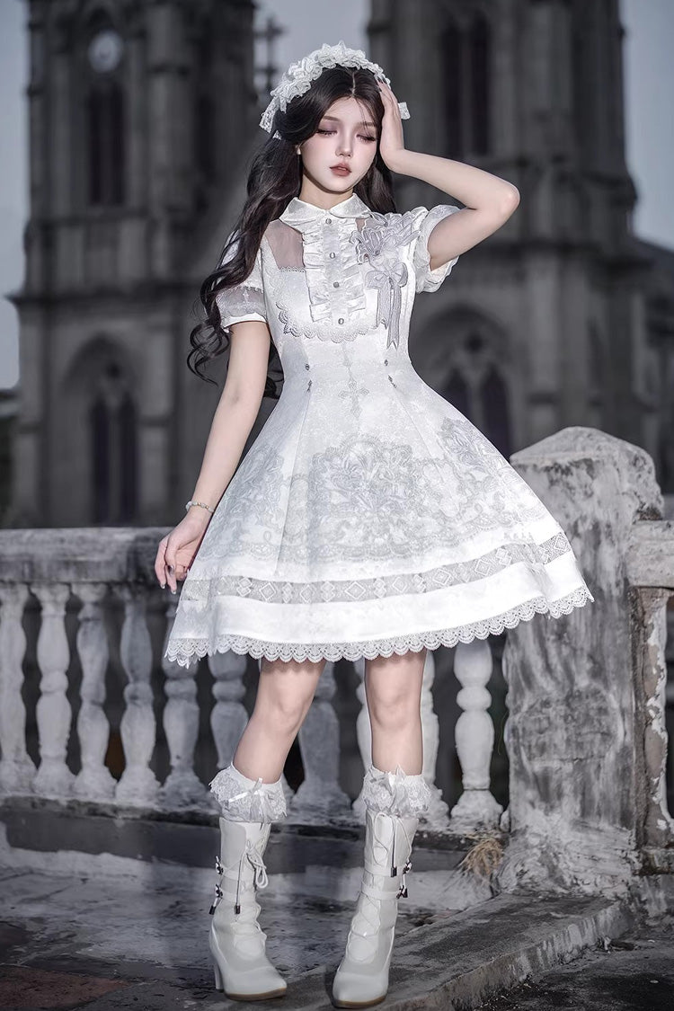 White Lapel Collar Short Sleeves Printed Ruffled Lace Classic Gothic Elegant Lolita Dress - Product - 5