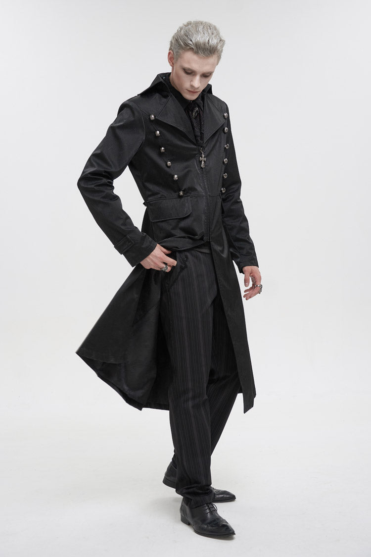 Black Lapel Collar Double Breasted Metal Cross Zip Men's Gothic Long Coat - Product - 4