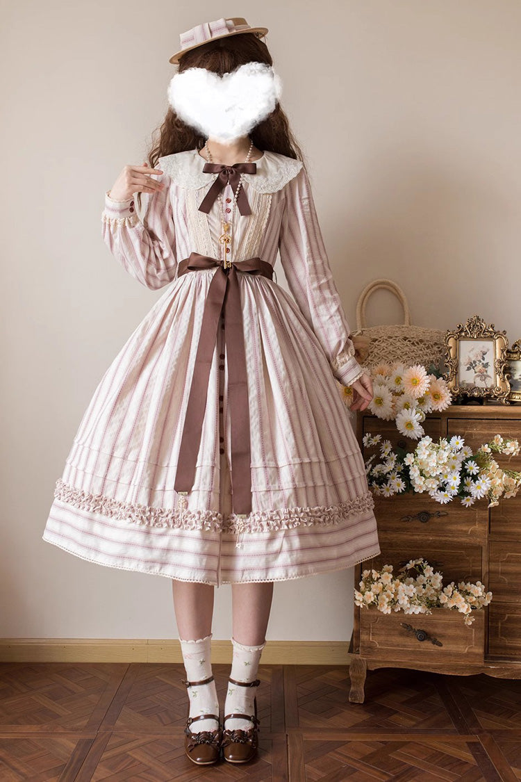 Forest Atlas Striped Print Long Sleeves Bowknot Sweet Lolita Dress 3 Colors - Red - 9