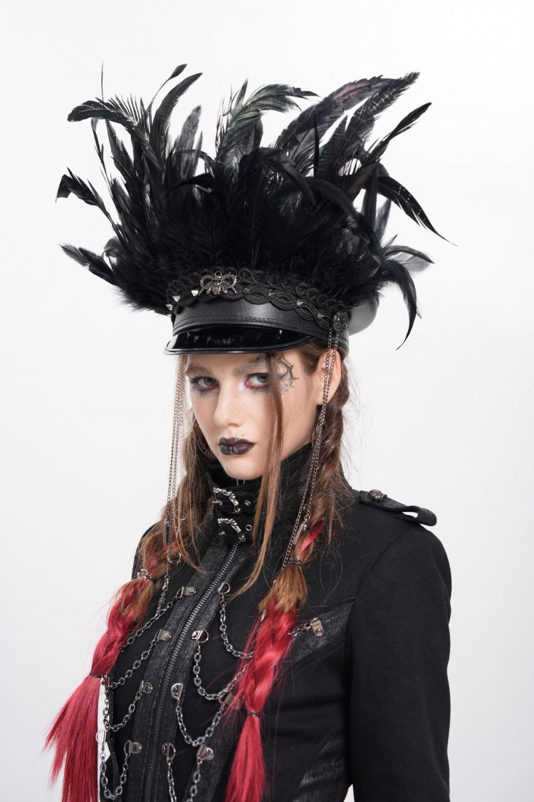 Black Women's Punk Cool Skull Plumed Chain Hat - Product - 8