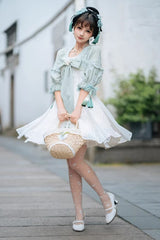 White/Green Half Sleeves Ruffled Bow Sweet Chinese Style Lolita Hanfu Dress - Product - 8