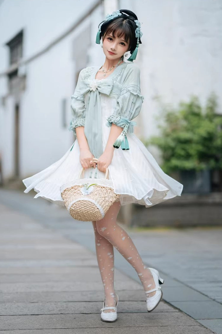 White/Green Half Sleeves Ruffled Bow Sweet Chinese Style Lolita Hanfu Dress - Product - 8