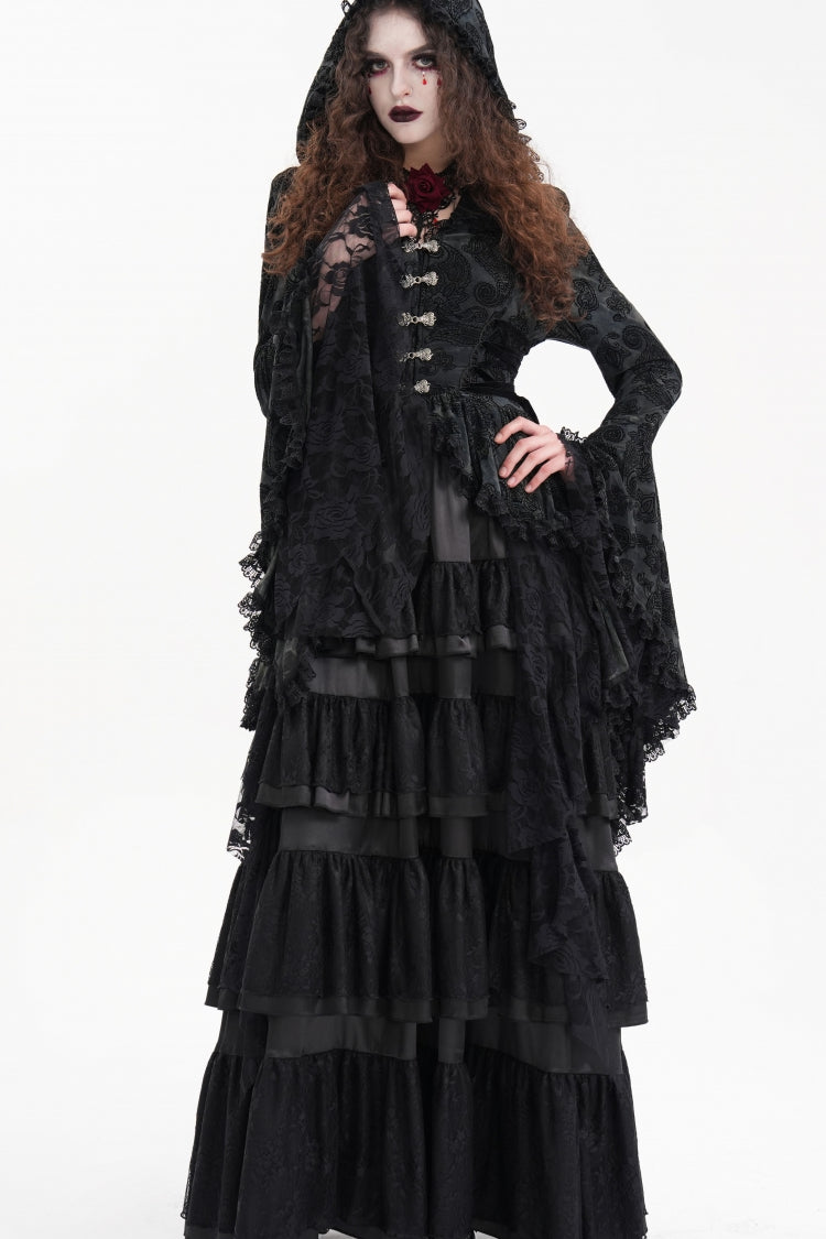 Black Long Trumpet Sleeves Multi-Layered Embroidery Lace Hooded Ripped Women's Gothic Jacket - Black - 1