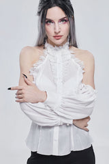 White Gothic Off-The-Shoulder Halter Lace Ruffled Lantern Sleeves Women's Shirt - Product - 2
