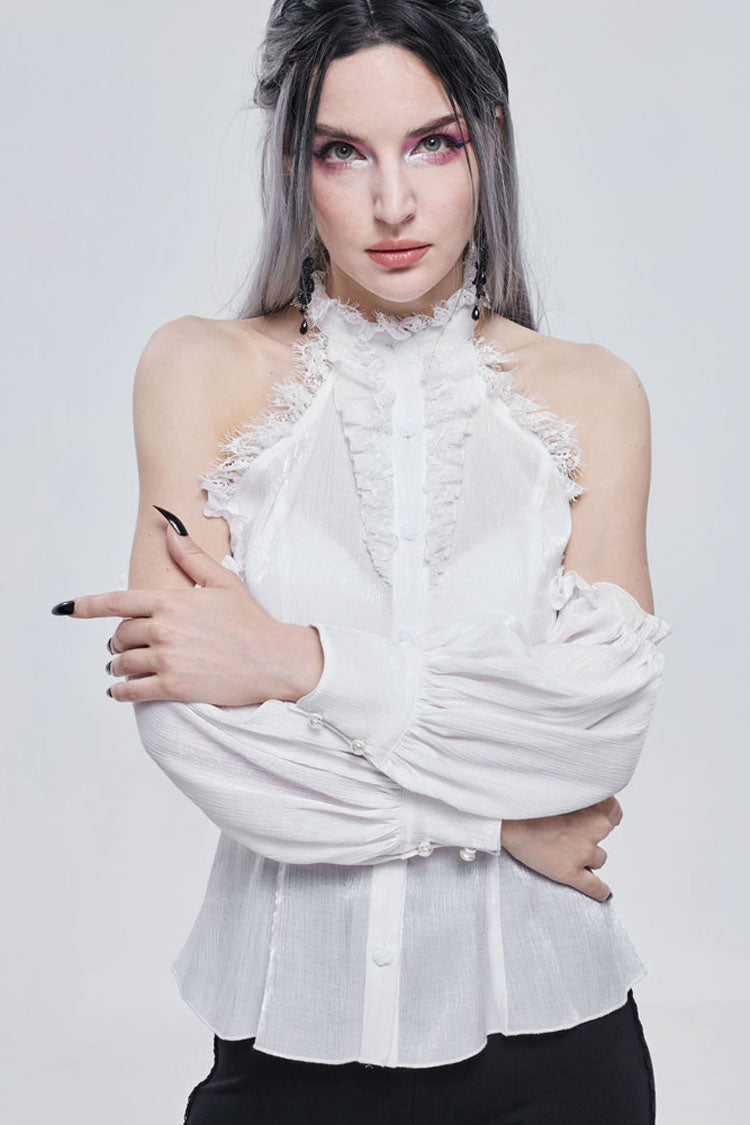 White Gothic Off-The-Shoulder Halter Lace Ruffled Lantern Sleeves Women's Shirt - Product - 2