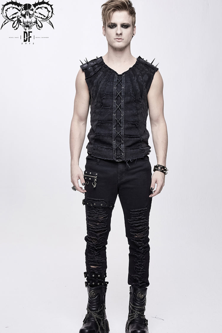 Black Patchwork Unedged Coarse Grain Leather Long Pointed Nails Distressed Men's Punk Vest - Product - 6