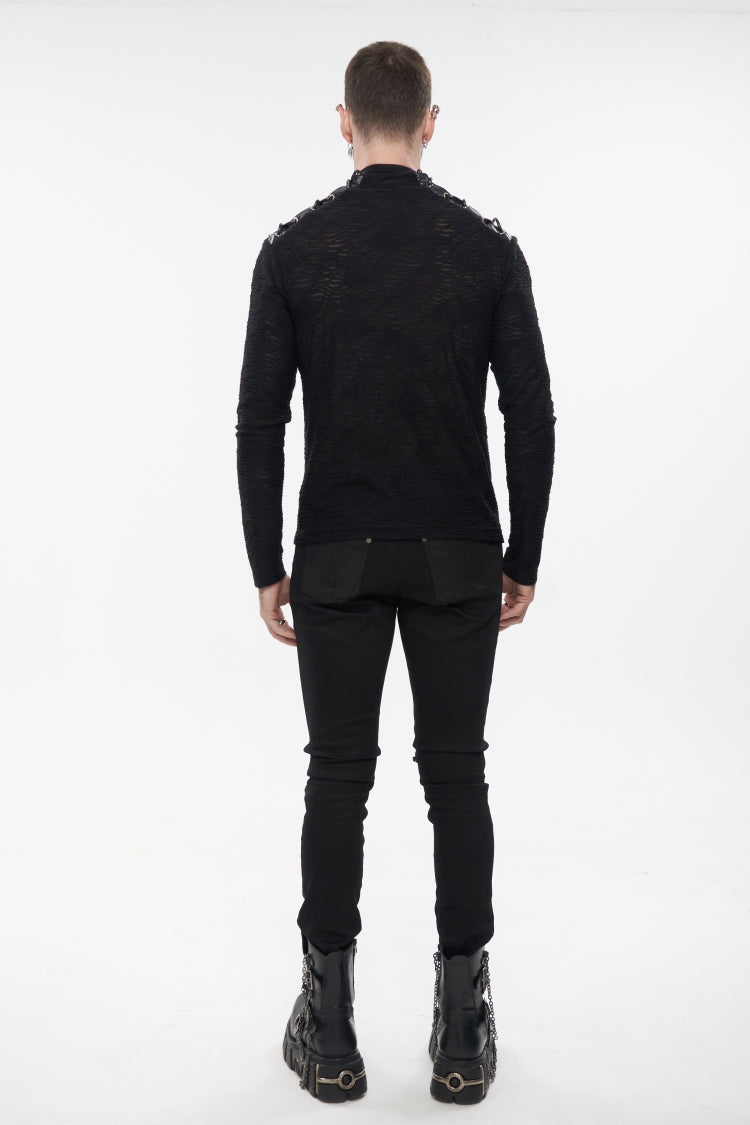 Black Punk High Collar Long Sleeve Stitched Metal Lace-Up Pentagram Hollow Texture Design Men's T-Shirt - Product - 5
