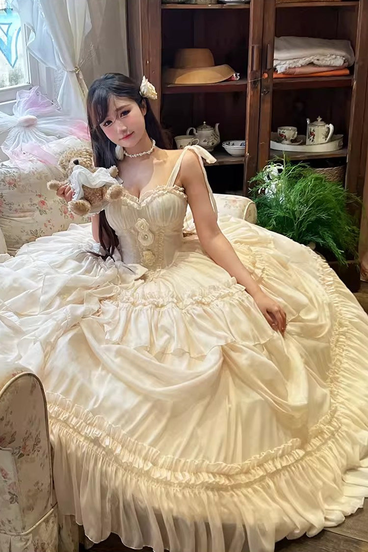 Apricot/Beige [Antique Bride] Sleeveless Multi-Layered Ruffled Bow Lace Sweet Elegant Gorgeous Full Skirt Lolita Jsk Dress - Product - 8