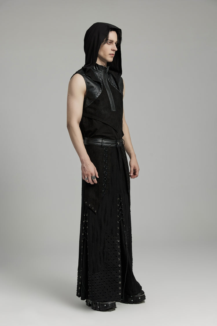 Black Lace-Up Ripped Eyelet Men's Punk Skirt - Product - 6