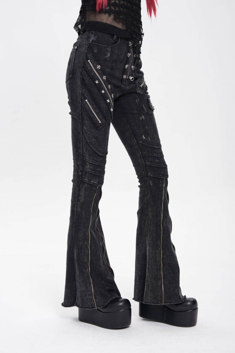 Black Zipper Pleated Women's Punk Flared Pants - Product - 3